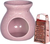 Ideas4seasons Amberblokjes/geurblokjes cadeau set - geurbrander en mini rasp - roze - keramiek