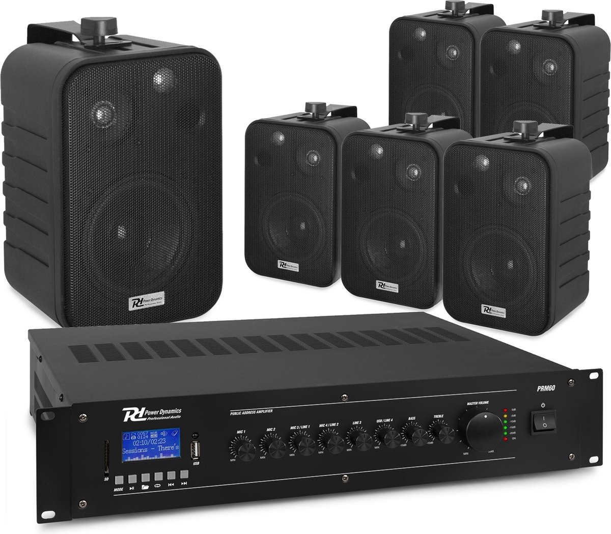 Power Dynamics 100V speakerset met 6 speakers en versterker - Bluetooth - 60W - Zwart