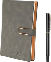 Kurtzy Grey PU Leather Notebook with Pen - Refillable A5 Writing Journal with 112 Thick Pages - Lined Paper Travel Diary for Business, Work and School
