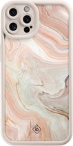 Casimoda® hoesje - Geschikt voor iPhone 12 Pro - Marmer Waves - Effen telefoonhoesje met lensbescherming - TPU - Backcover - Bruin/beige