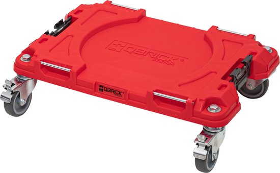 Rode Qbrick transportplank met vier zilveren wielen op witte achtergrond.