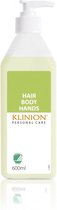 Klinion personal care hair-body-hands shampooing doux pour cheveux, corps et mains 600 ml Klinion - Wit - lotion trois en un, pour laver le corps et les cheveux - valeur pH : 5,0