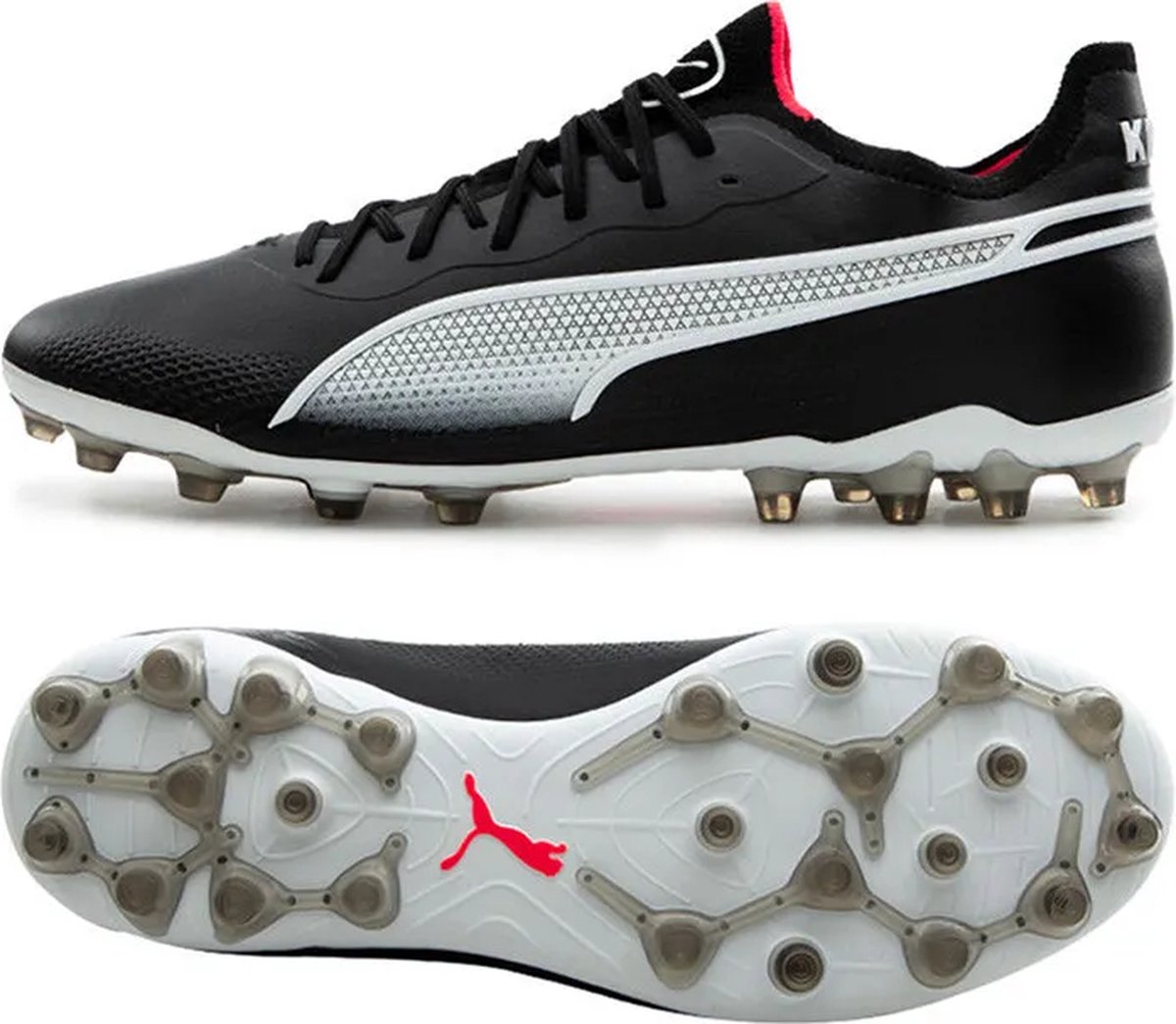 Puma King Ultimate FG/AG voetbalschoenen in zwart, maat 40, met comfortabele, stretchy bovenkant en opvallende zool.
