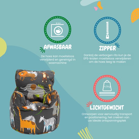 Grijze zitzak met safari dierenprint. Toont afwasbare hoes en rits.