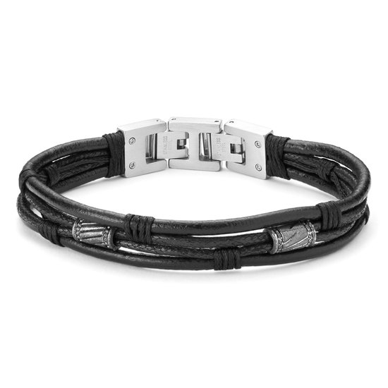 Lucleon - Icon - Koordarmband voor heren van zwart leer en zilverkleurig roestvrij staal