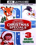 Rudolph, de Sneeuwman en een elfje op de 4K Ultra HD Blu-ray hoes van The Classic Christmas Specials Collection.