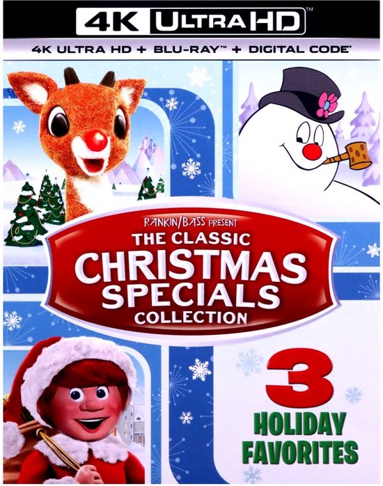 Rudolph, de Sneeuwman en een elfje op de 4K Ultra HD Blu-ray hoes van The Classic Christmas Specials Collection.