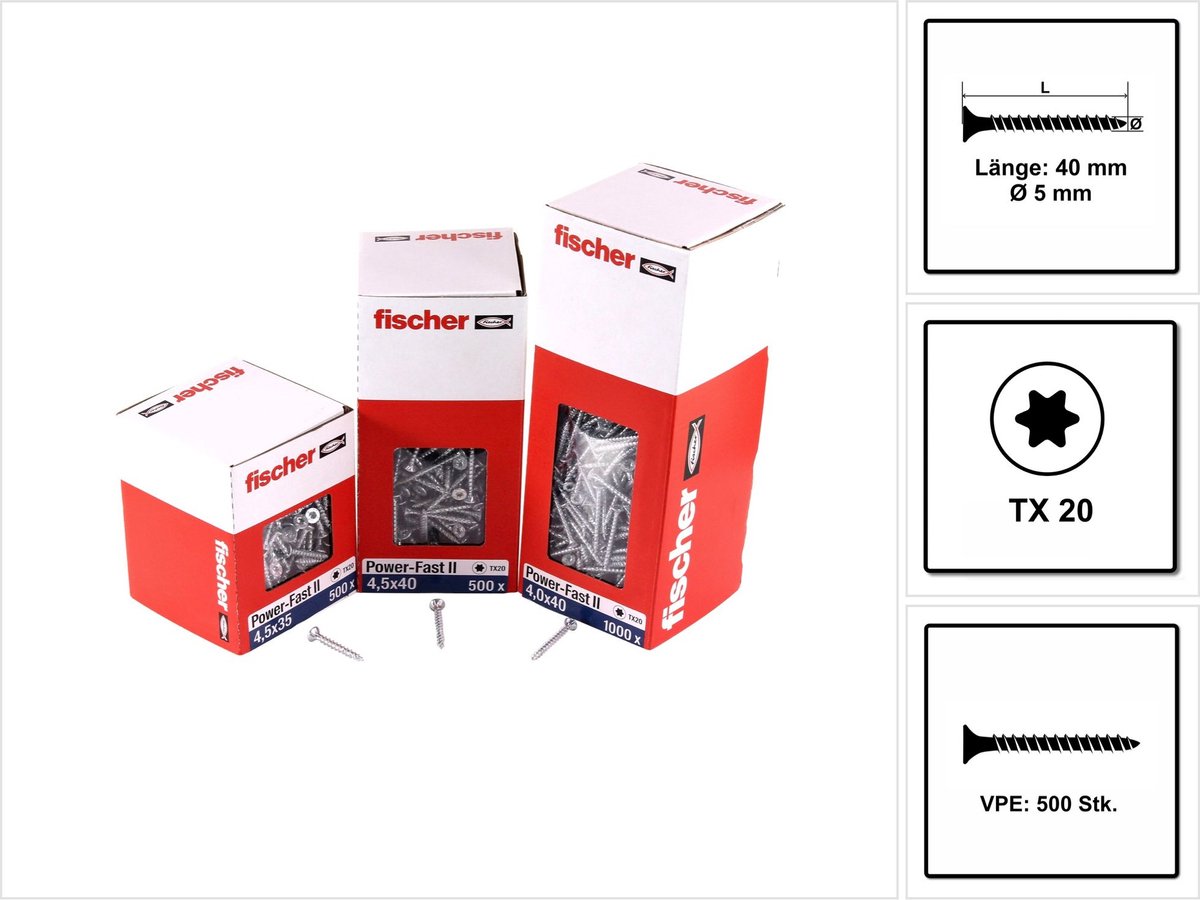 Fischer 500x Power-Fast II FPF II CTF 5 x 40 mm BC Senkkopf met binnenzeskant TX20 Volledige schroefdraad gegalvaniseerd blauw gepassiveerd - 670355