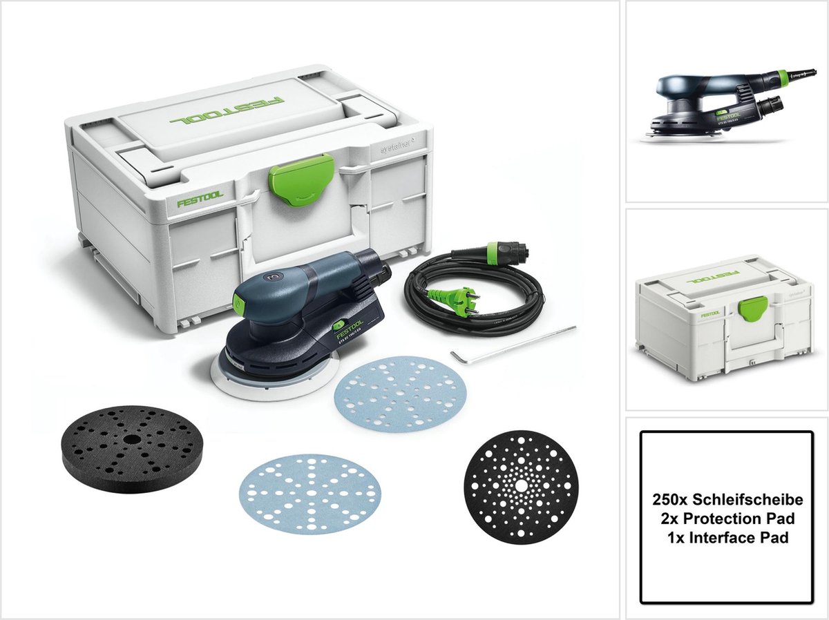 Festool ETS EC150/3 EQ-Plus excenterschuurmachine 400 W 150 mm borstelloos + 250x schuurschijven + 2x steunschijf + steunschijf + systainer
