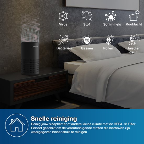 Purificateur d'air Erikssøn noir sur une table de chevet dans une chambre. L'air est purifié des icônes : Virus, Poussière, Moisissures, Odeurs de cuisine, Bactéries, Gaz, Pollen, Odeur d'animal.