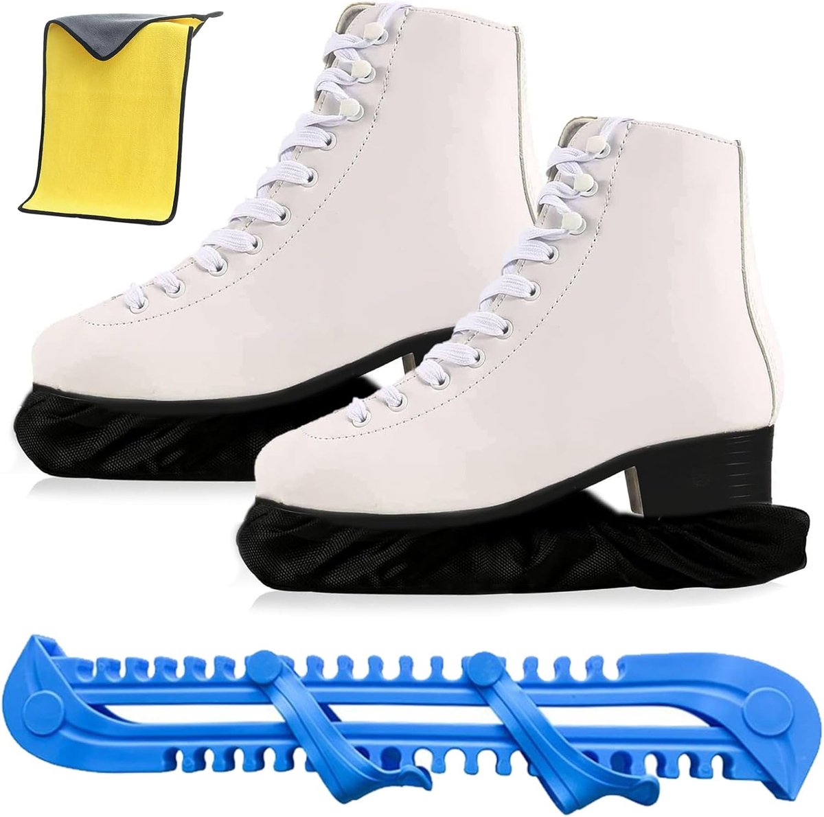 IJsbeschermers voor schaatsen, 1 paar elastische schaatskousen, 1 paar verstelbare kunststof beschermers, 1 handdoek, schaatsbescherming voor volwassenen en kinderen.