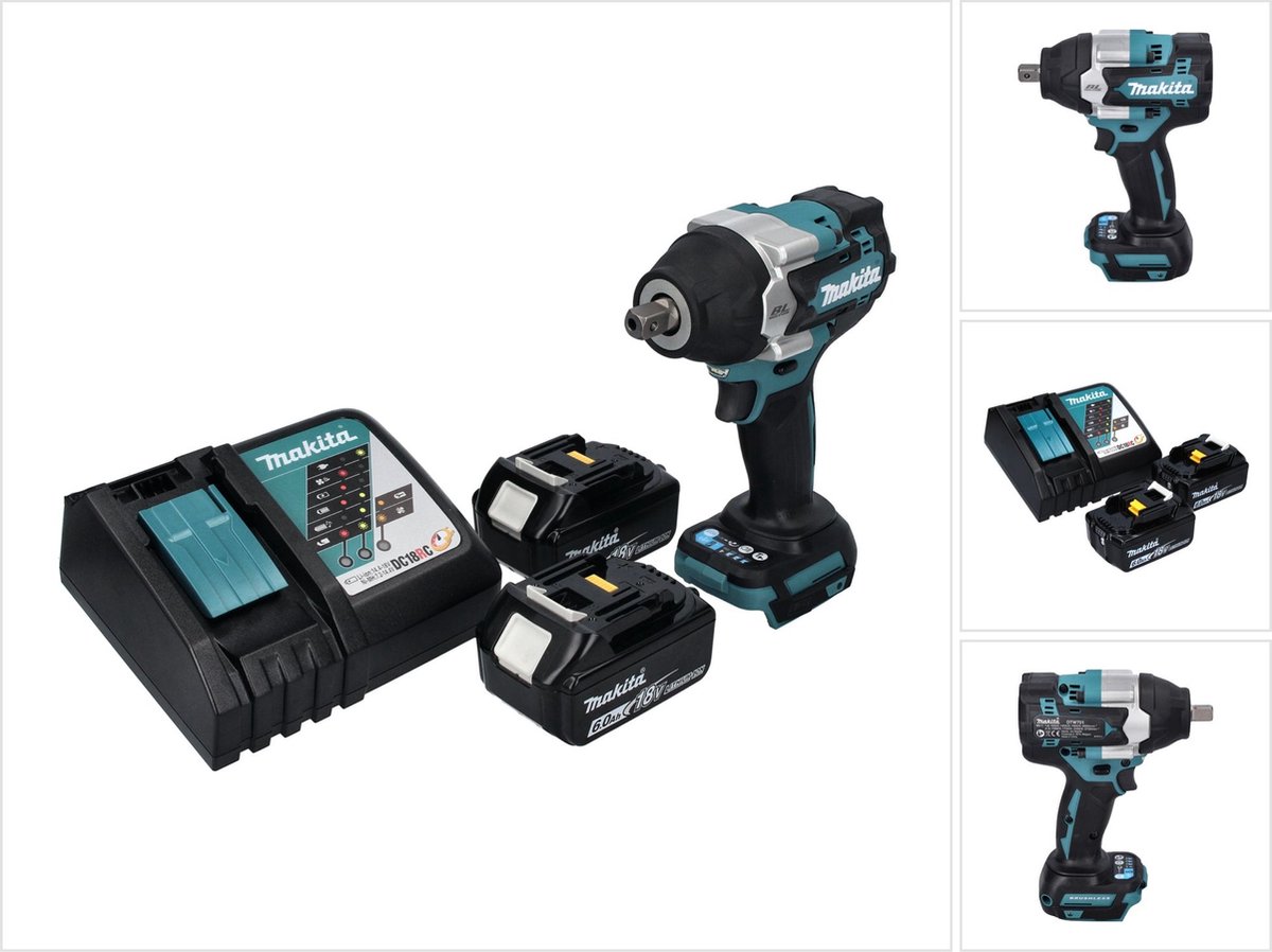 Makita DTW 701 RG accu slagmoersleutel 18 V 700 Nm 1/2" XPT Borstelloos + 2x oplaadbare accu 6.0 Ah + lader