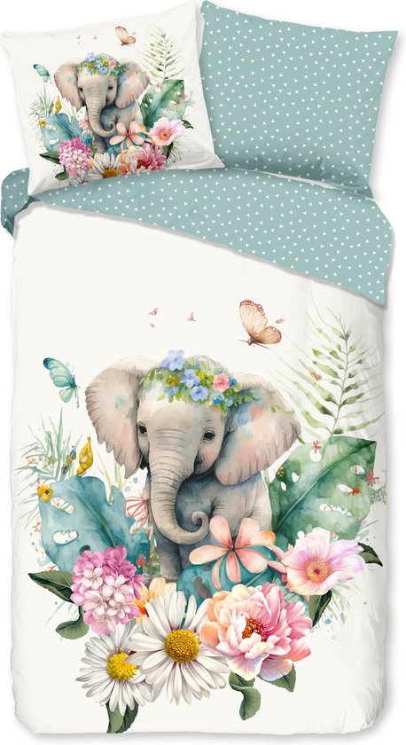 Good Morning Kinderdekbedovertrek "bloemen met een olifant" - Multi - (140x200/220 cm) - Katoen