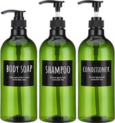 Lege shampooflessen met douche, 3 stuks, 1000 ml pompflessen voor shampoo en conditioner, vloeibare zeepdispenser voor lichaamszeep, shampoo-conditioner, groene plastic persdispenser