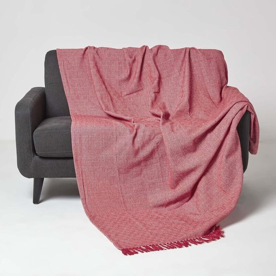 Katoenen deken 150 x 200 cm rood plaid deken ruitpatroon bankdeken met franjes