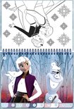 Coloriage avec Elsa et Anna, avec Elsa et Olaf partiellement colorés et des modèles numérotés.