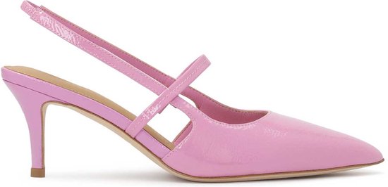 Pink lacquered pumps with exposed heels