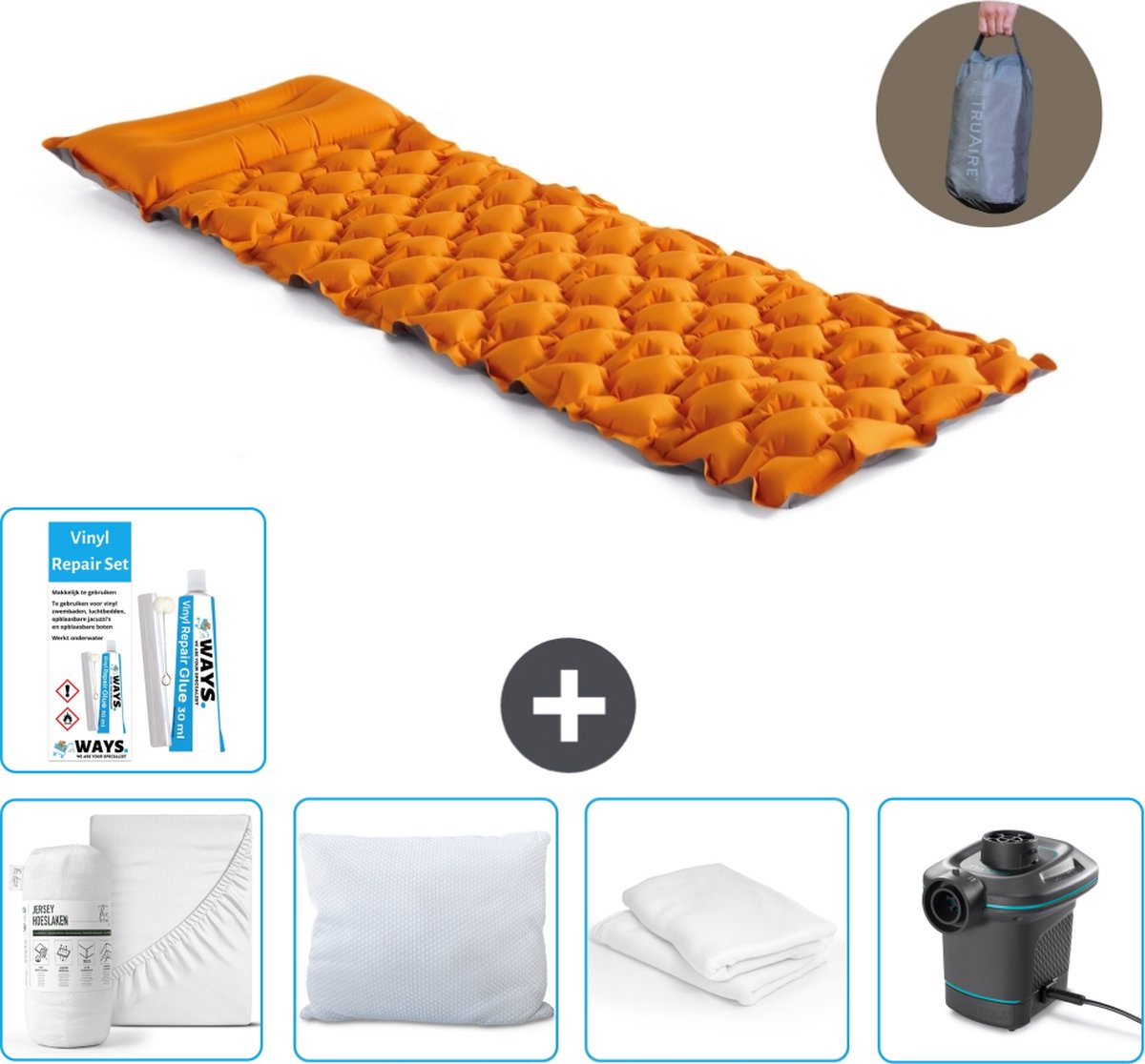 Intex Campingmat - 1-Persoons - 71 x 191 x 11 cm - Oranje - Inclusief Hoeslaken - Kussen - Pomp - Reparatieset en Kussenbeschermer
