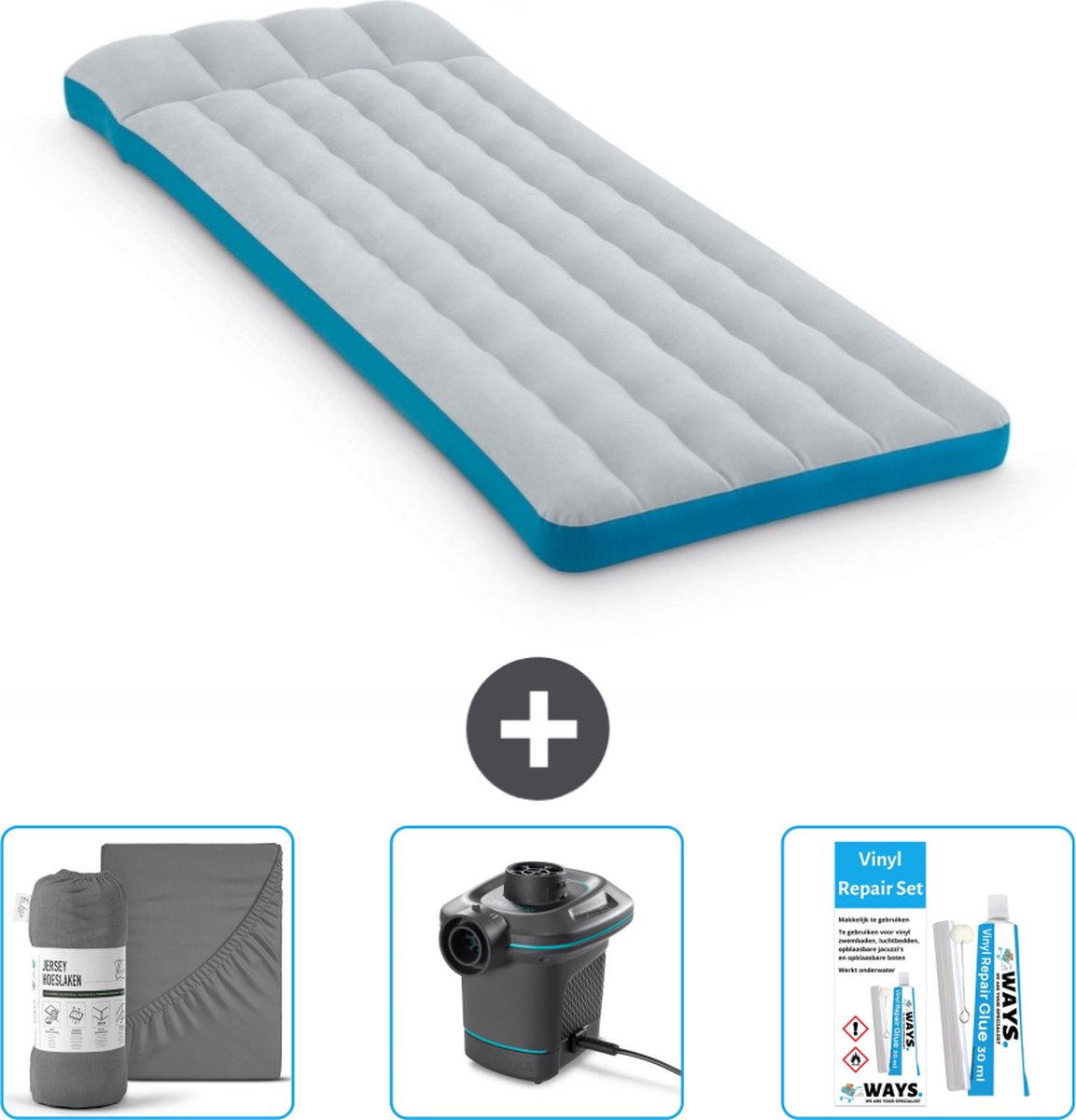 Intex Campingmat - Twijfelaar - 72 x 189 x 20 cm - Blauw - Inclusief Hoeslaken - Pomp en Reparatieset