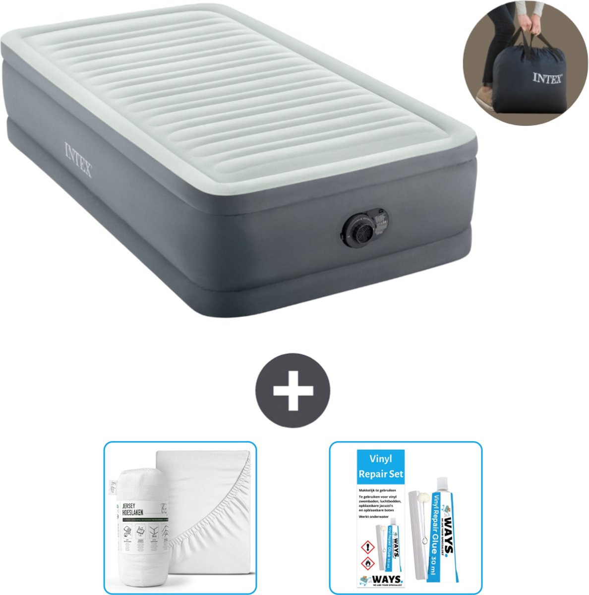 Intex Luchtbed - 1-Persoons - 99 x 191 x 46 cm - Grijs - Inclusief pomp - Accessoires CB16