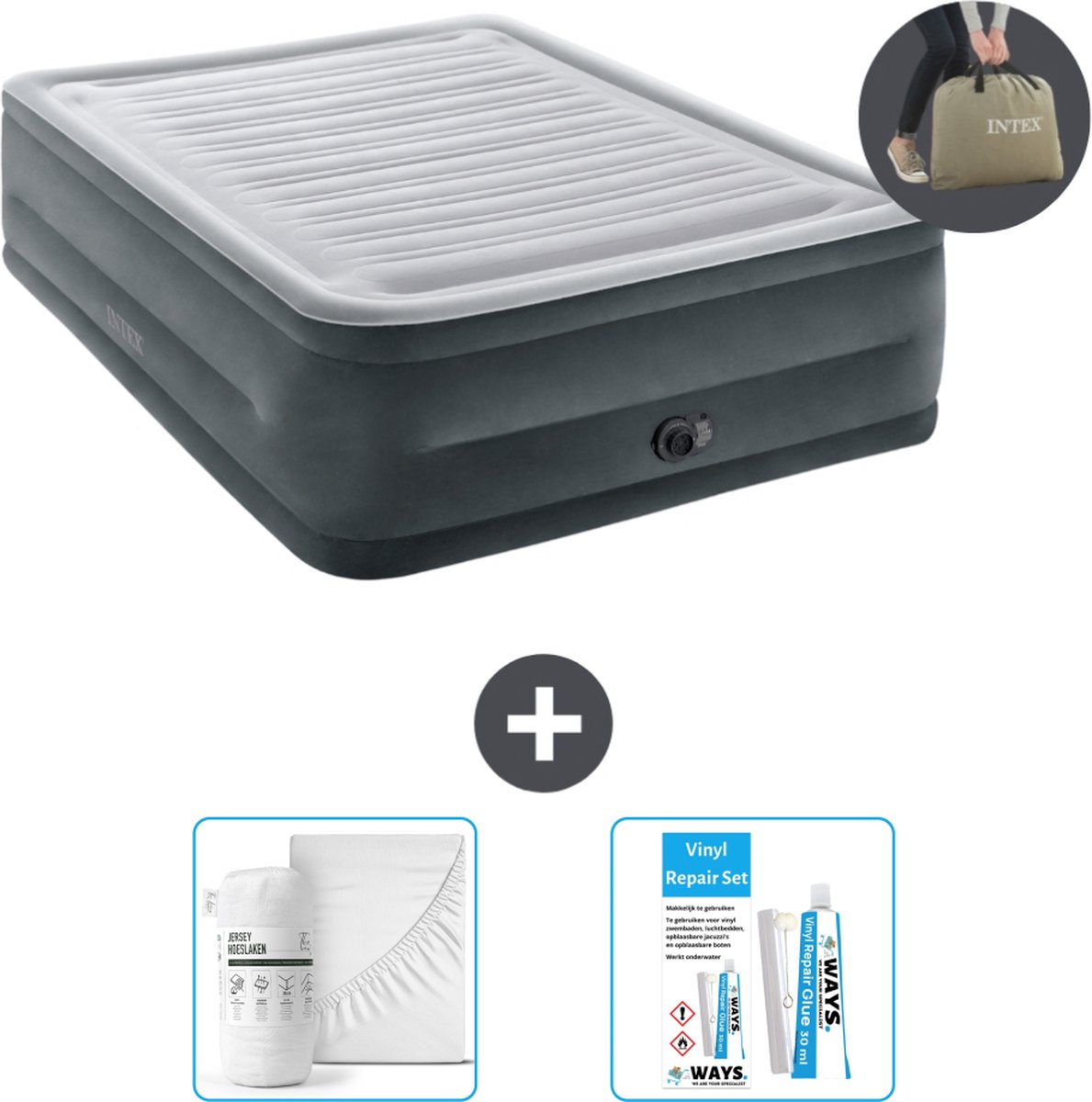 Intex Luchtbed - 2-Persoons - 152 x 203 x 56 cm - Grijs - Inclusief pomp - Hoeslaken en Reparatieset