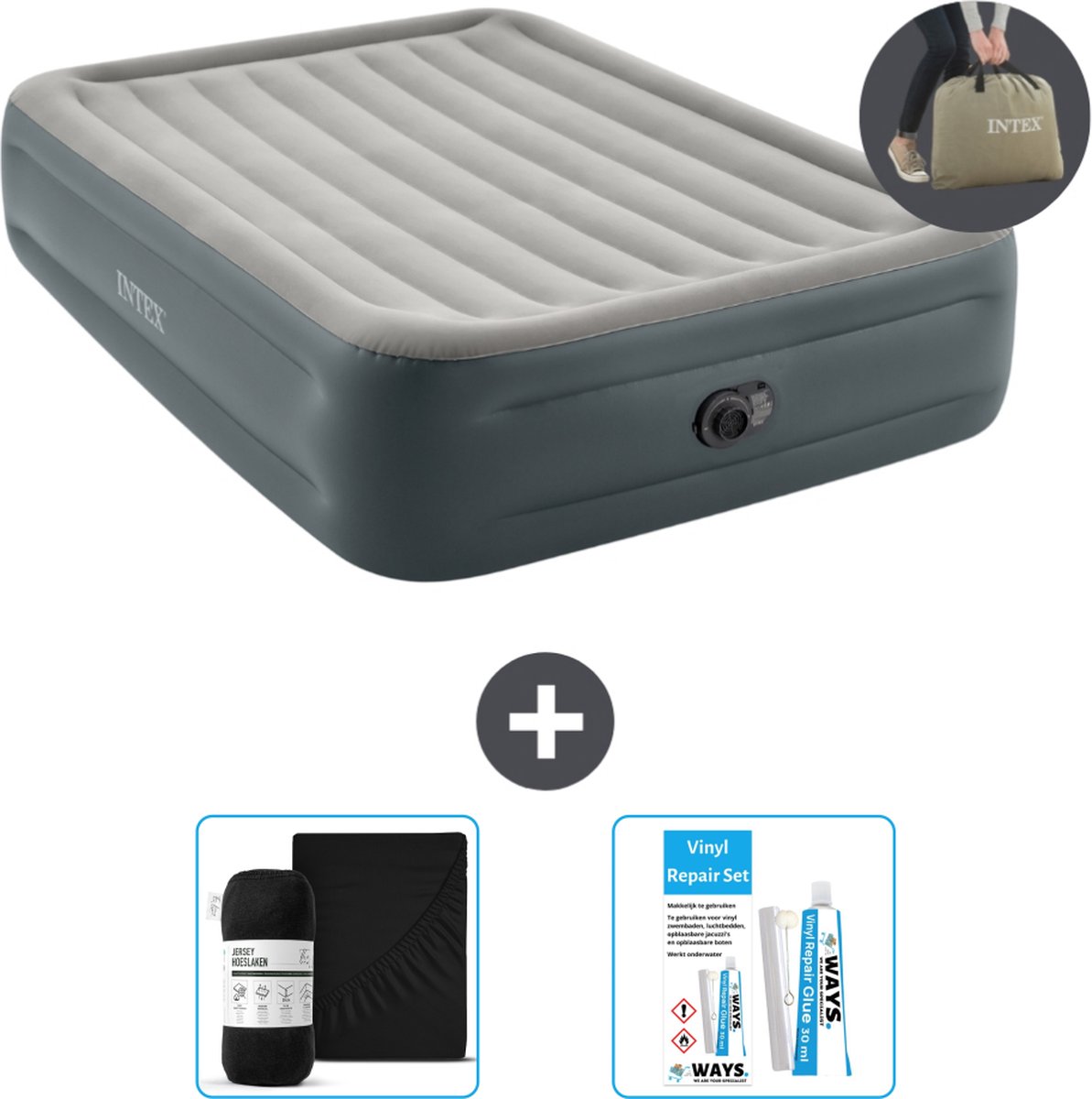 Bol.com Intex Luchtbed - 2-Persoons - 152 x 203 x 46 cm - Grijs - Inclusief pomp - Hoeslaken en Reparatieset aanbieding