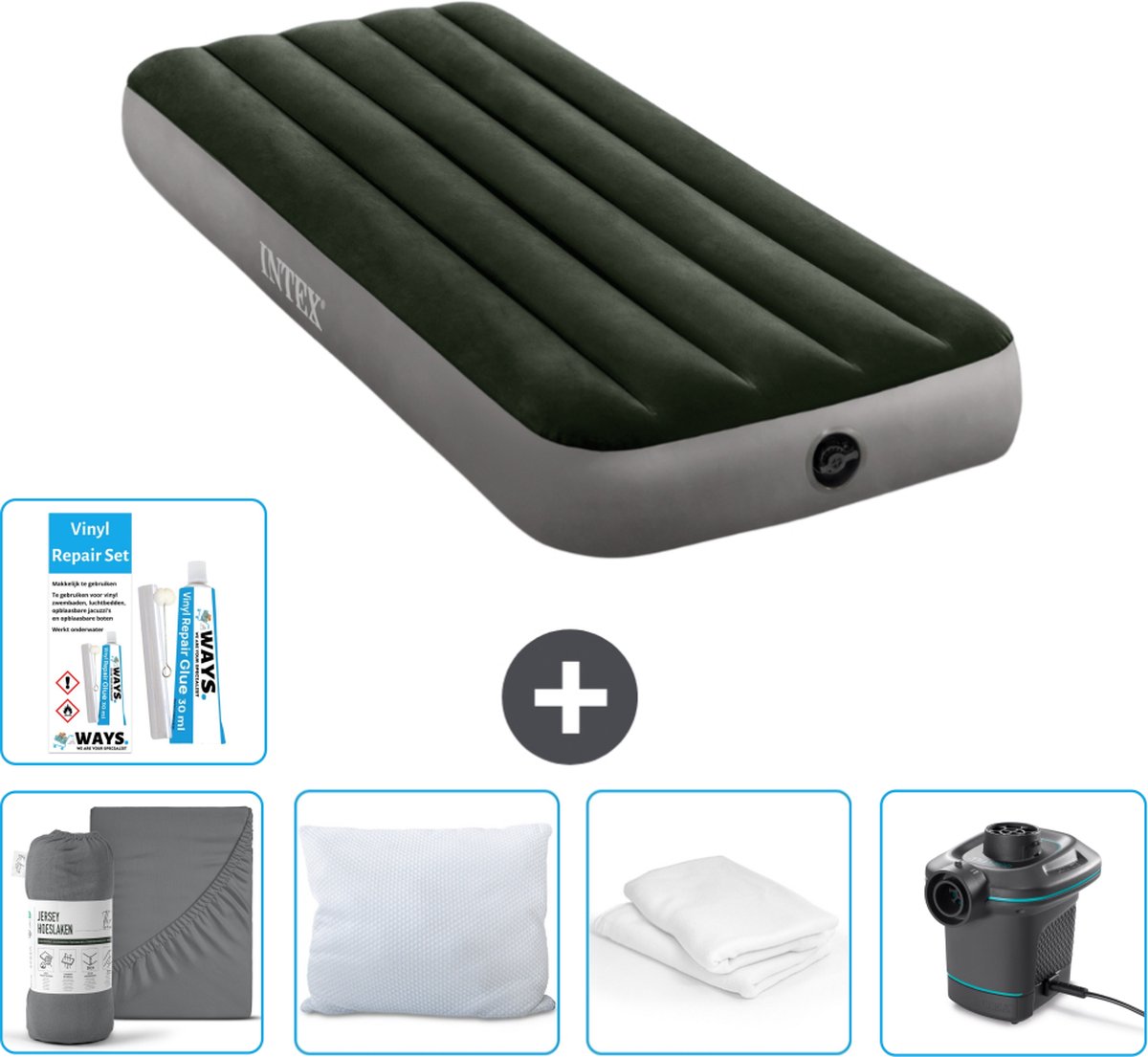 Intex Luchtbed - 1-Persoons - 76 x 191 x 25 cm - Groen - Inclusief Hoeslaken - Kussen - Pomp - Reparatieset en Kussenbeschermer