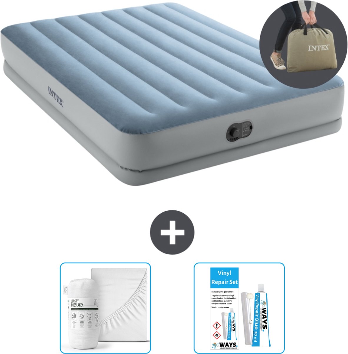 Intex Luchtbed - 2-Persoons - 152 x 203 x 36 cm - Blauw/Grijs - Inclusief pomp - Accessoires CB16