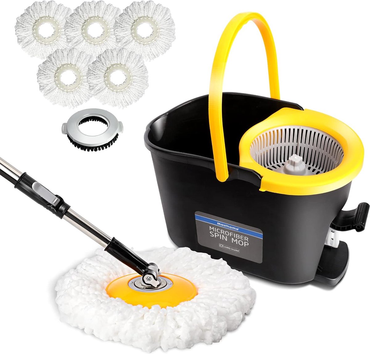 Goedkoopste Dweilmop set met emmer, vloerwisserset van 126 cm telescoopsteel met 5 dweilkoppen, wisser en poetsemmer set met wringer voetpedaal voor vloerreiniging, stuur 1 vervangende borstelkop