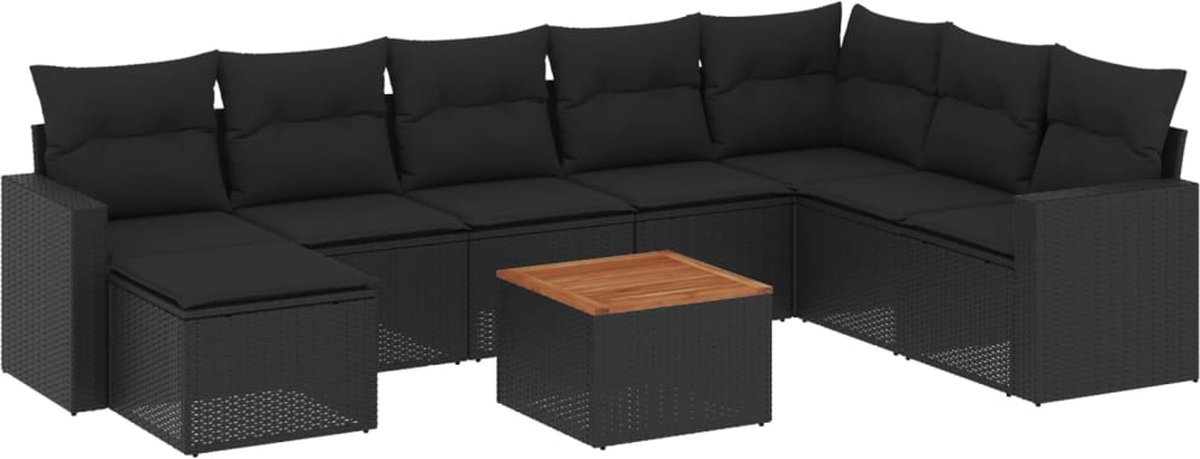 vidaXL 9-delige - Loungeset - met - kussens - poly - rattan - zwart