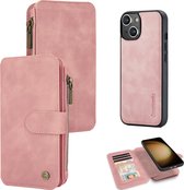 Casemania Hoesje Geschikt voor Apple iPhone 15 Plus - Pale Pink - 2 in 1 Magnetic Book Case met Rits