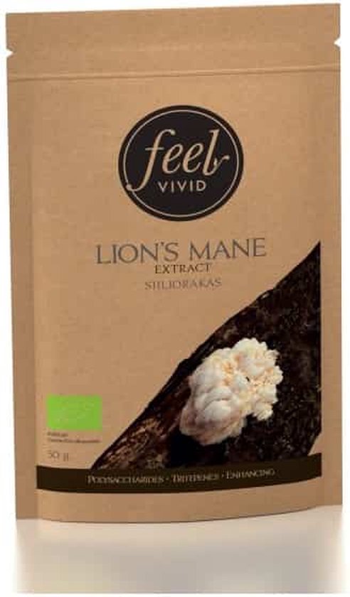 Biologisch Lion's Mane Extract poeder van Feel Vivid in bruine verpakking met afbeelding van de paddenstoel.