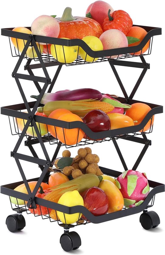 Fruit- en groentemand met wielen, fruitmand, stapelbaar, 5 niveaus, groentemand voor keuken, eetkamer, toiletten, 40 x 30 x 94 cm