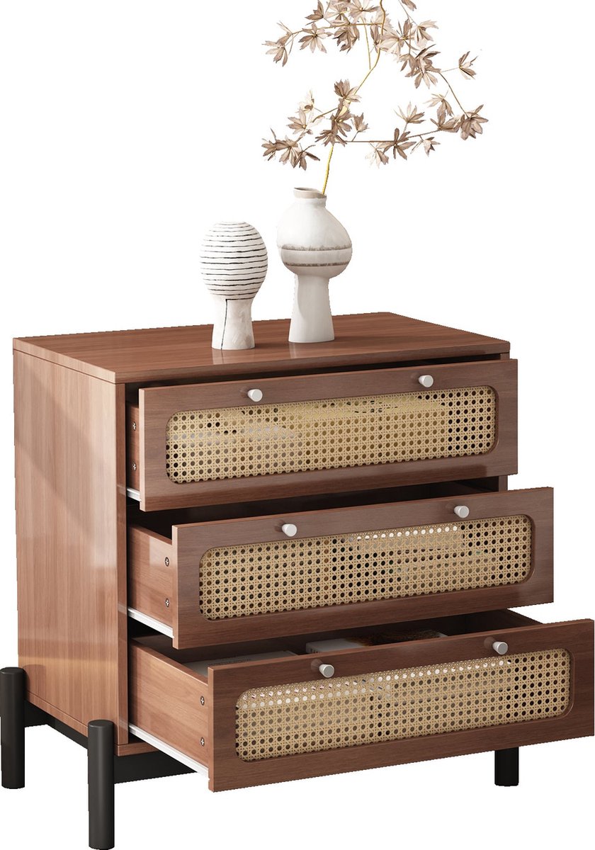 Merax Klassieke Ladekast met 3 Lades - Kast - Commode met Rattan Accenten - Stijlvolle Opbergkast - Walnoot Bruin
