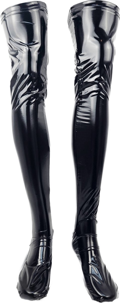 Goedkoopste BamBella® - Kousen - Maat S/M - Zwart - Datex (Mix latex en stof ) - Sexy Kniekousen van Super Glans Fetish kleding bdsm Dames sokken