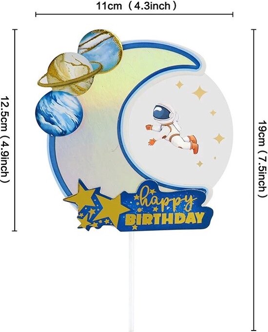 Maan met astronaut, planeten en 'happy birthday' tekst.