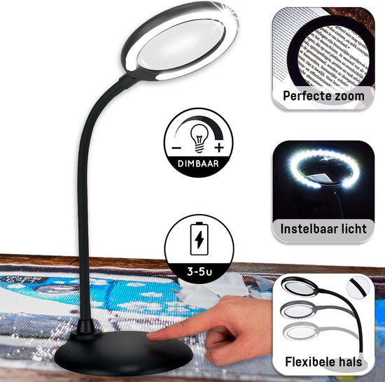 Lampe de bureau noire flexible avec loupe, lumière réglable et indicateur de batterie.
