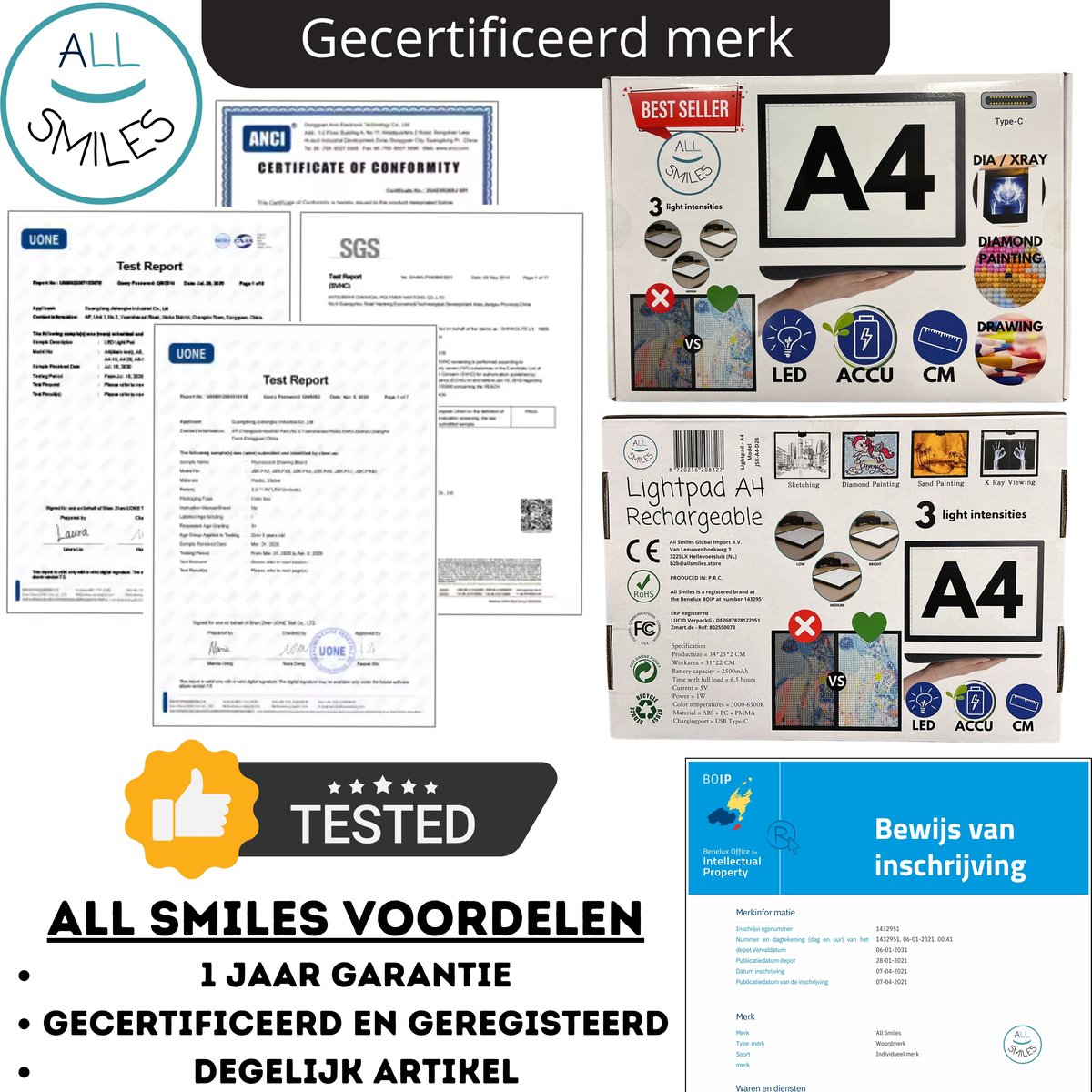 A4 Lightpad Lichtbak Diamond Painting Volwassenen | USB Dimbaar | All Smiles Premium XL Tekenbord | Tekenen Schetsen Hobby — afbeelding 3