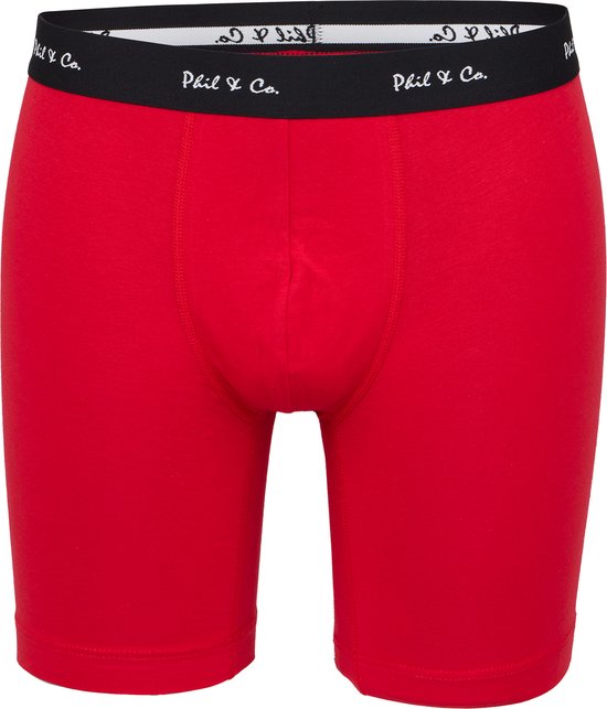 Caleçon rouge avec ceinture noire logo 'Phil & Co'.