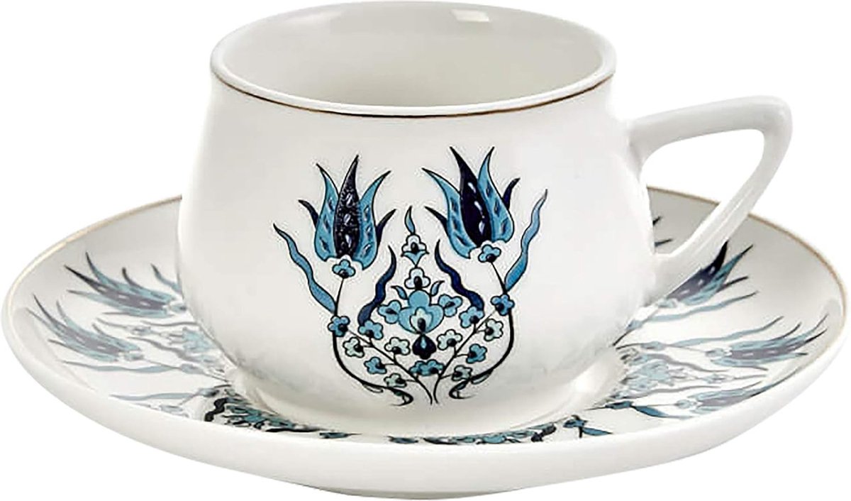 Iznik New Form Koffieservies voor 6 personen 90 ml 6 espressokopjes en 6 schoteltjes robuuste mok traditionele Turkse koffiekopjes cappuccino porselein
