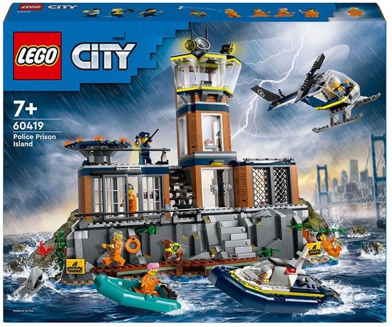LEGO City Politiegevangeniseiland bouwpakket met gebouw, helikopter en boten.