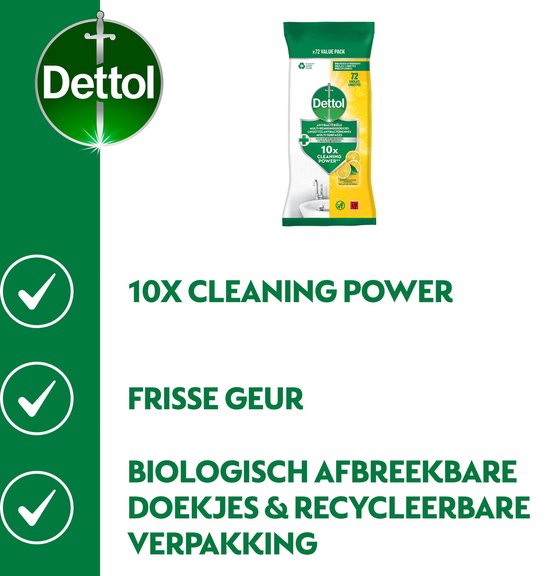 Groene verpakking met witte en gele accenten. Dettol antibacteriële reinigingsdoekjes, 72 stuks, met citroen afbeelding, '10x Cleaning Power' en vinkjes.