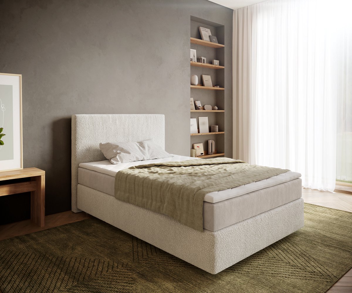 Boxspringbed Dream-Well Bouclé Crème-Wit 120x200 cm met Pocketveringmatras en Topper Visco