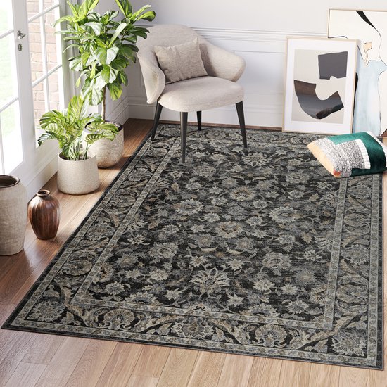 Tapiso Ritz Tapis Grijs Floral Katoen Antidérapant Salon Tapis Taille - 300x400