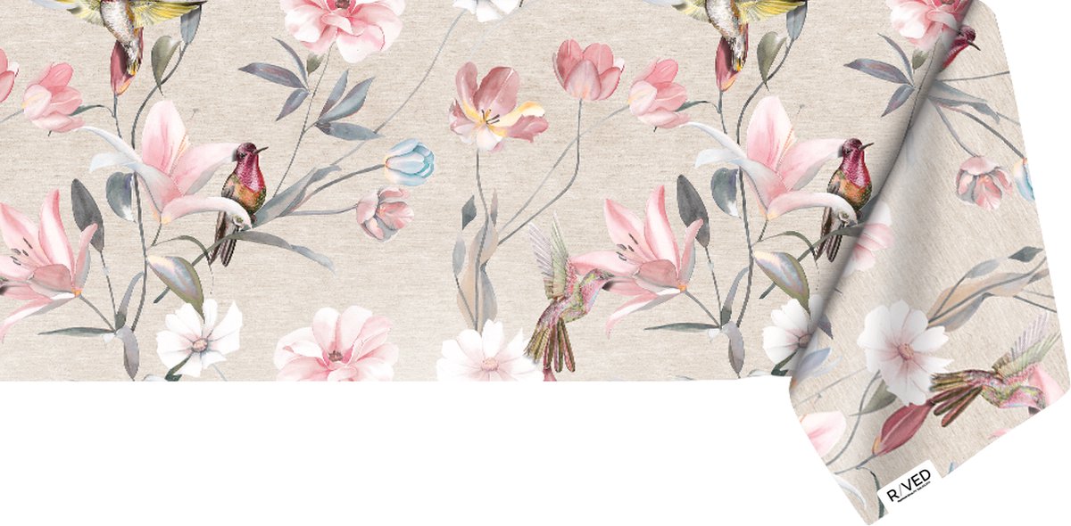 Raved tafelzeil 140 cm × 320 cm – vogels & bloemen – roze katoen – waterafstotend