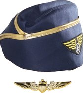Smiffys Stewardessen verkleed set - wings broche speldje - Stewardessen hoedje - blauw - dames - carnaval - luchtvaart/vliegeniers