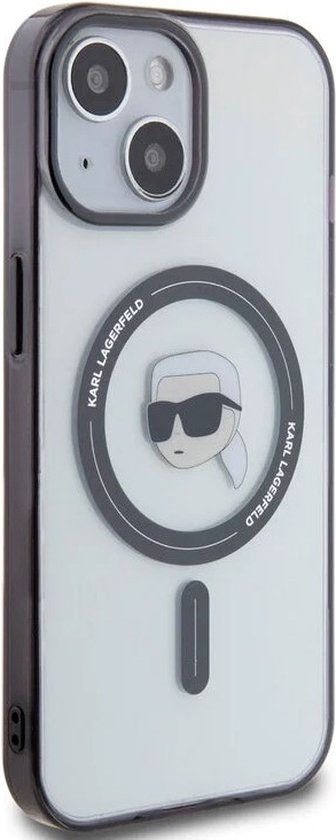 Coque rigide transparente avec logo tête de Karl Lagerfeld, compatible MagSafe.
