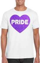 Bellatio Decorations Gay Pride T-shirt voor heren - pride - paars glitter hartje - wit - LHBTI S