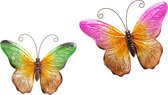 Anna Collection Wanddecoratie vlinders - 2x - groen/roze - 32 x 24 cm/44 x 32 - metaal - muurdecoratie/schutting - dieren beelden