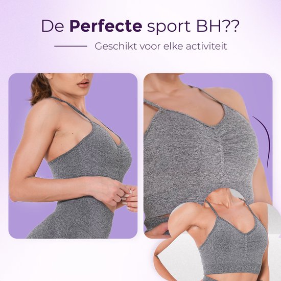 Model draagt grijze sport BH met V-hals en gerimpeld detail. Close-up van de BH toont het design.